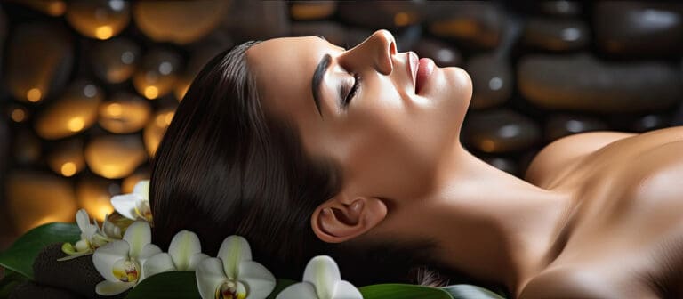 woman receiving massage in a spa with flowers coconut stones