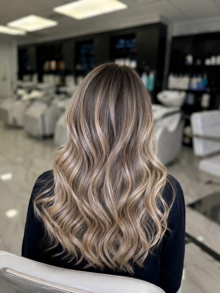 ash blonde balayage hair color at Salon Roi in Chevy Chase MD